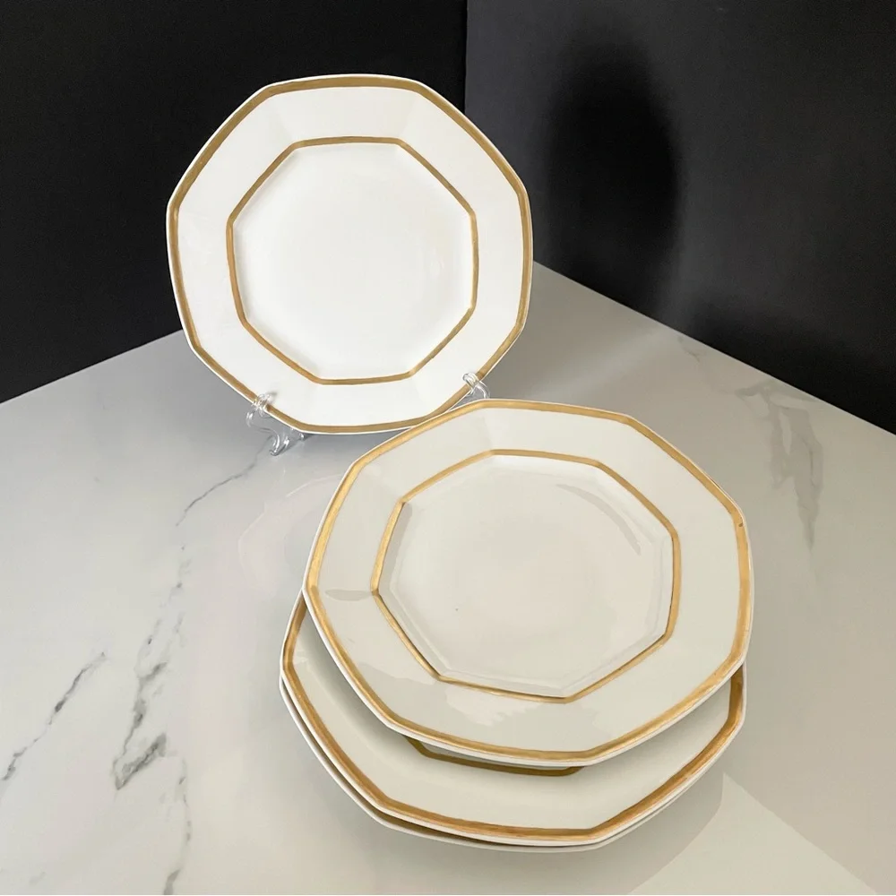 SET of 4 Gold & White Octagon Luncheon Plates - Guerin Limoges